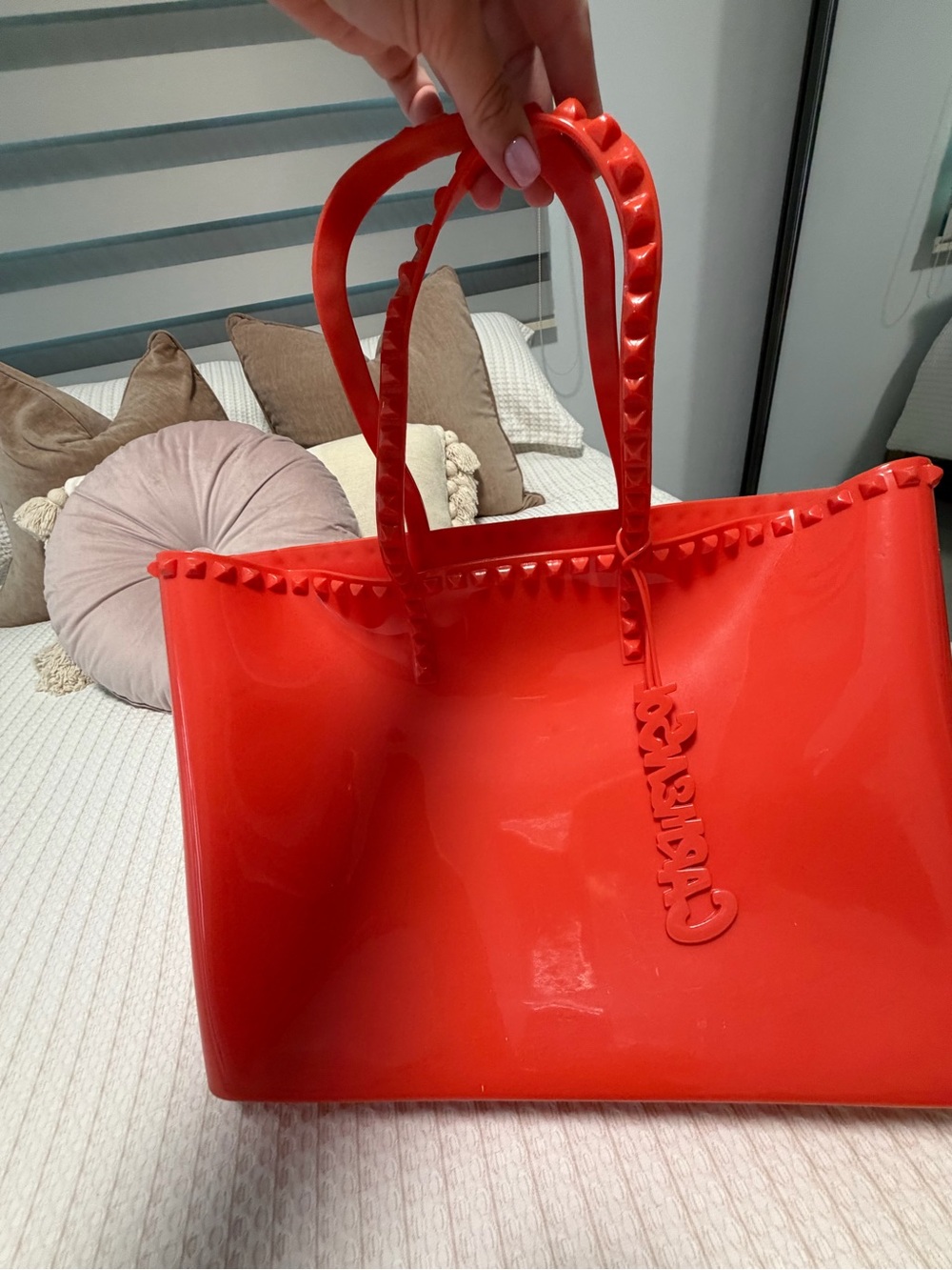 Red Studded Jelly Tote with Logo Charm